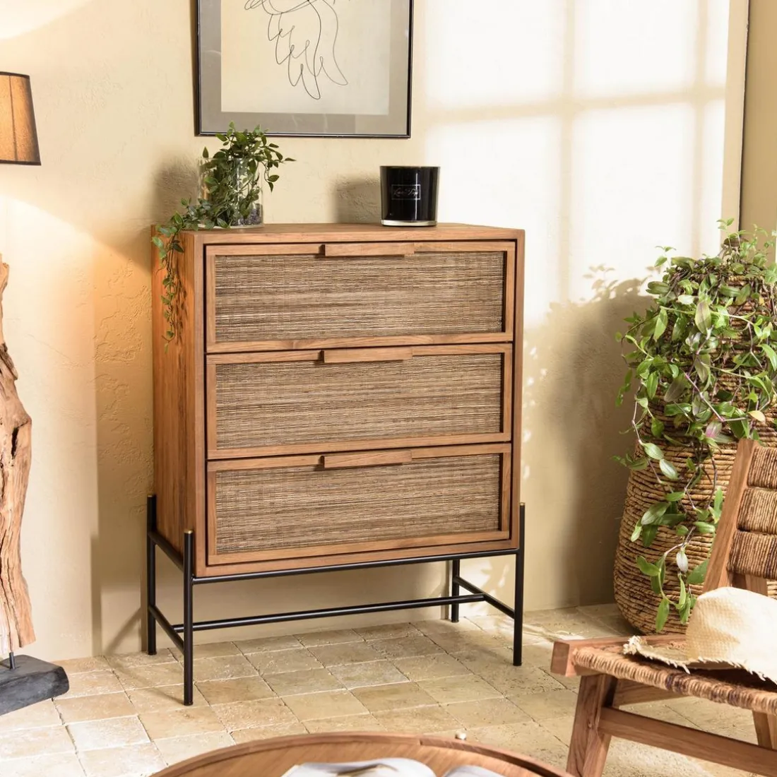 Commode 3 tiroirs en bois de teck recyclé