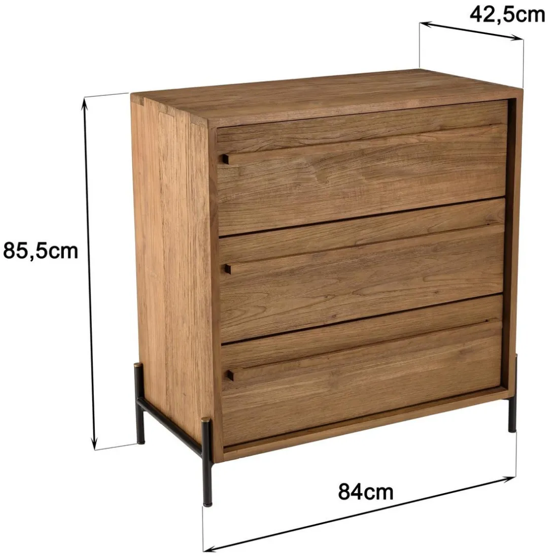 Commode 3 tiroirs en bois de teck recyclé pieds en métal noir