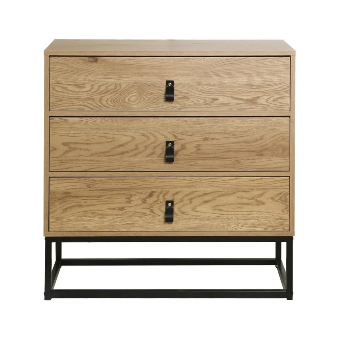 Commode décor chêne 3 tiroirs piétement métal et en bois Beige