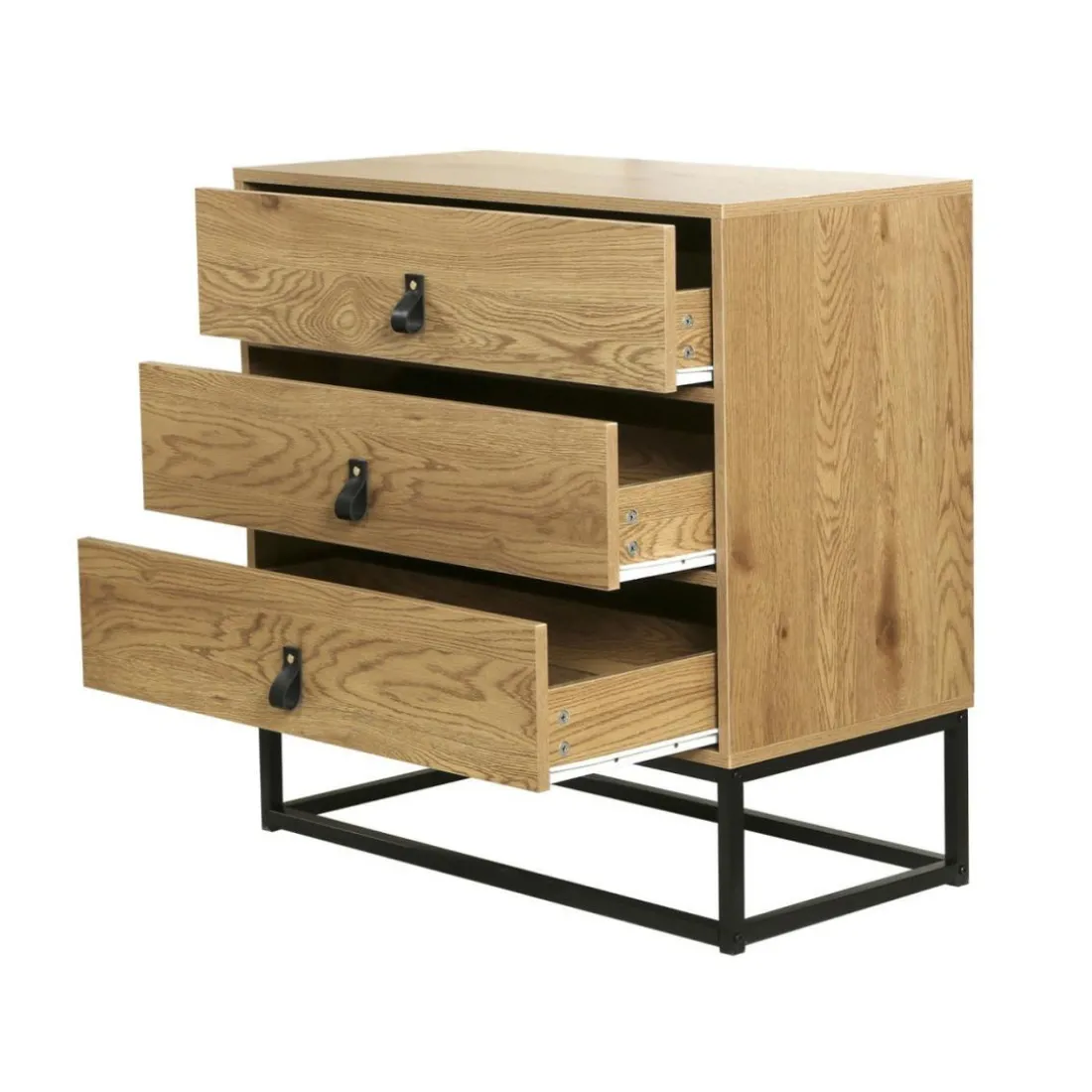 Commode décor chêne 3 tiroirs piétement métal et en bois Beige