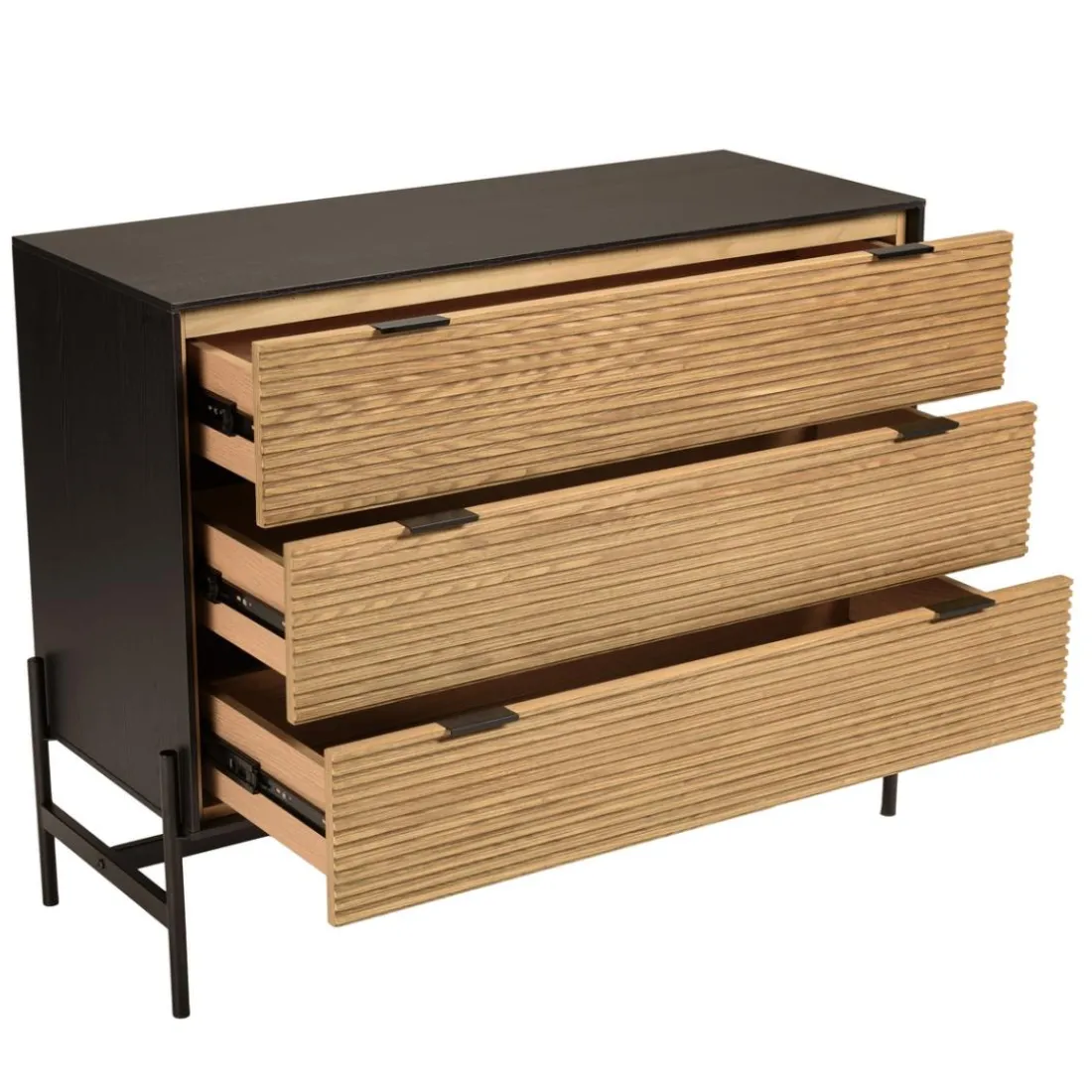 Commode marron et noire 3 tiroirs Pin pieds métal noir