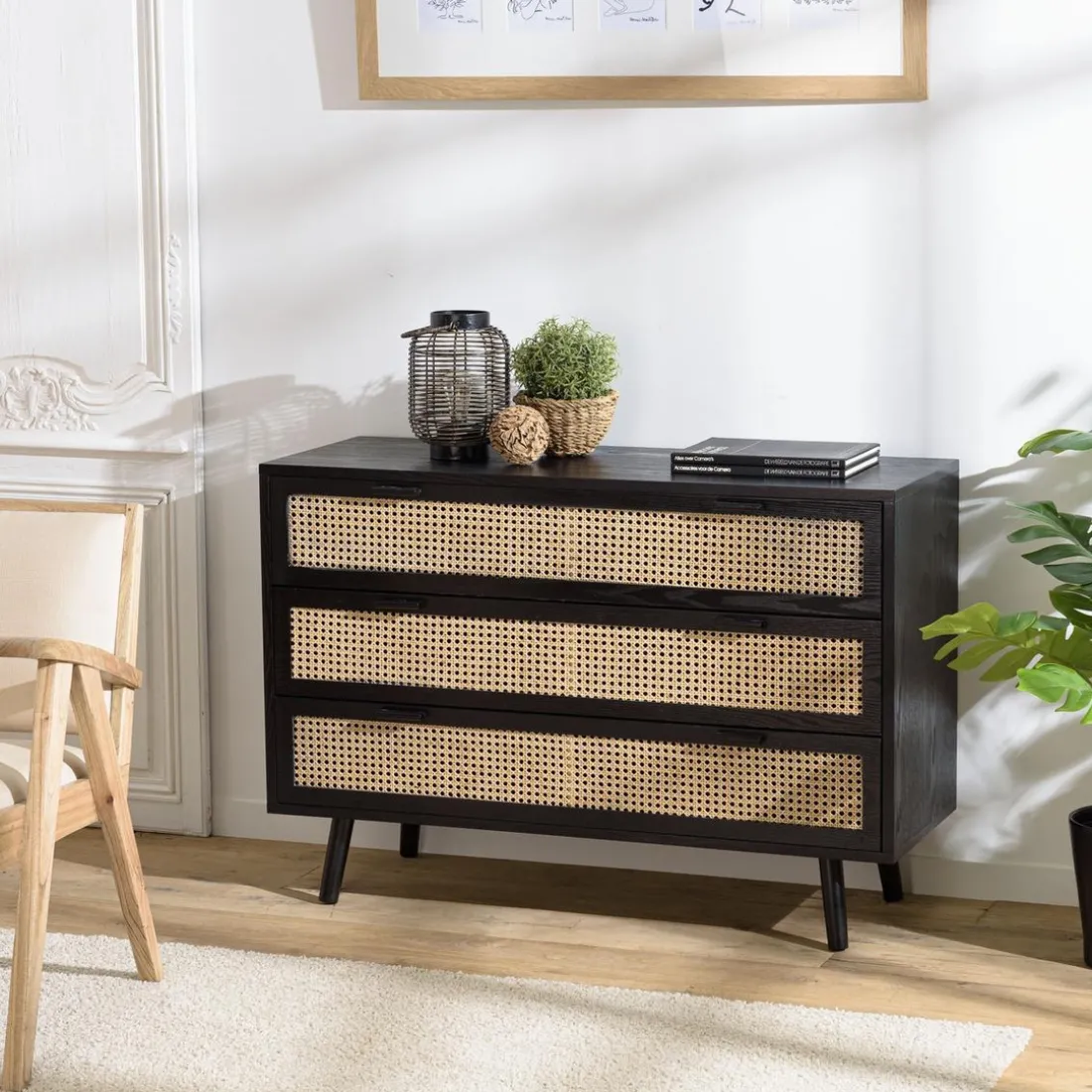 Commode noire 3 tiroirs cannage naturel ANGELO