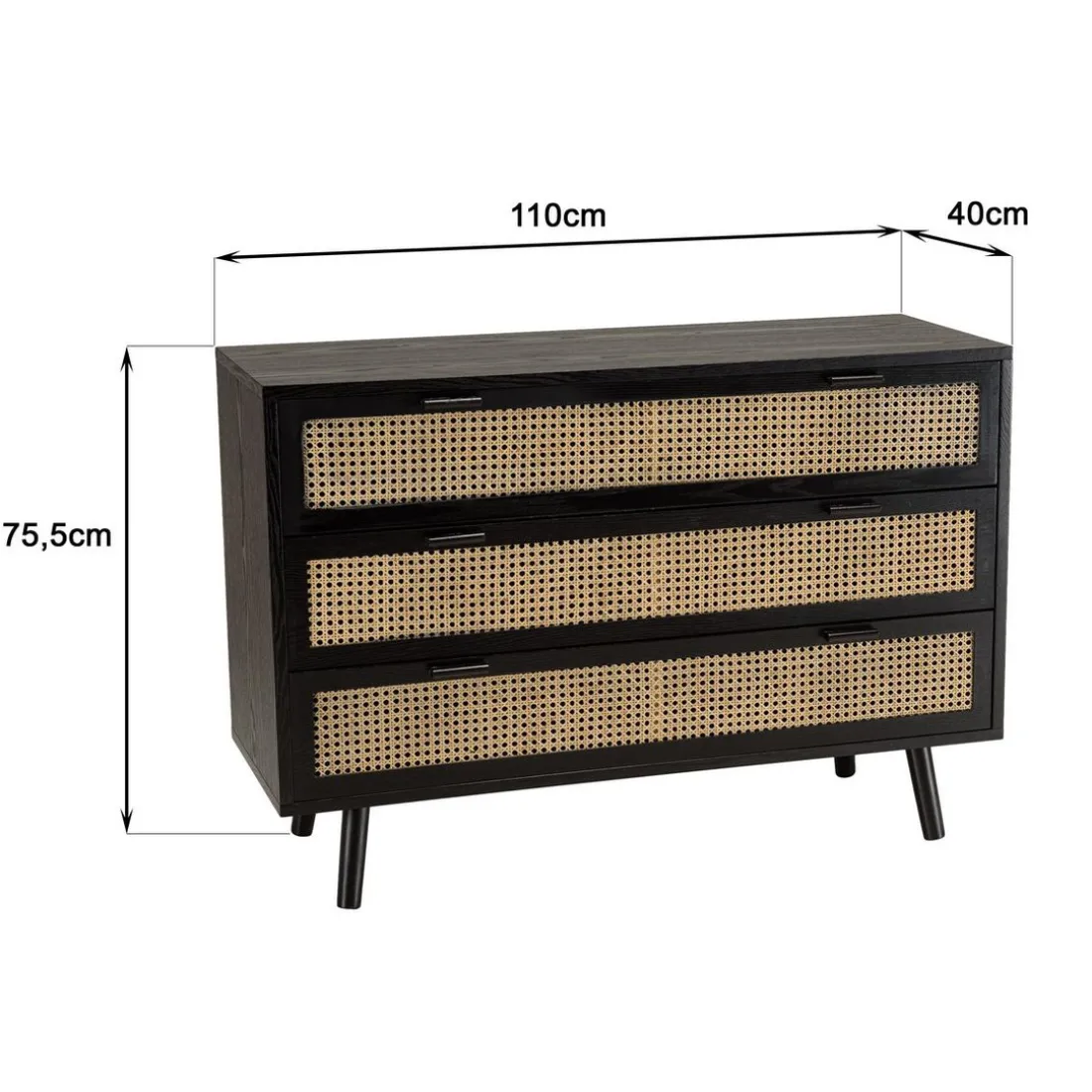 Commode noire 3 tiroirs cannage naturel ANGELO