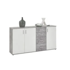 Comode 3 portes et 4 tiroirs ALBI 3 gris béton et blanc