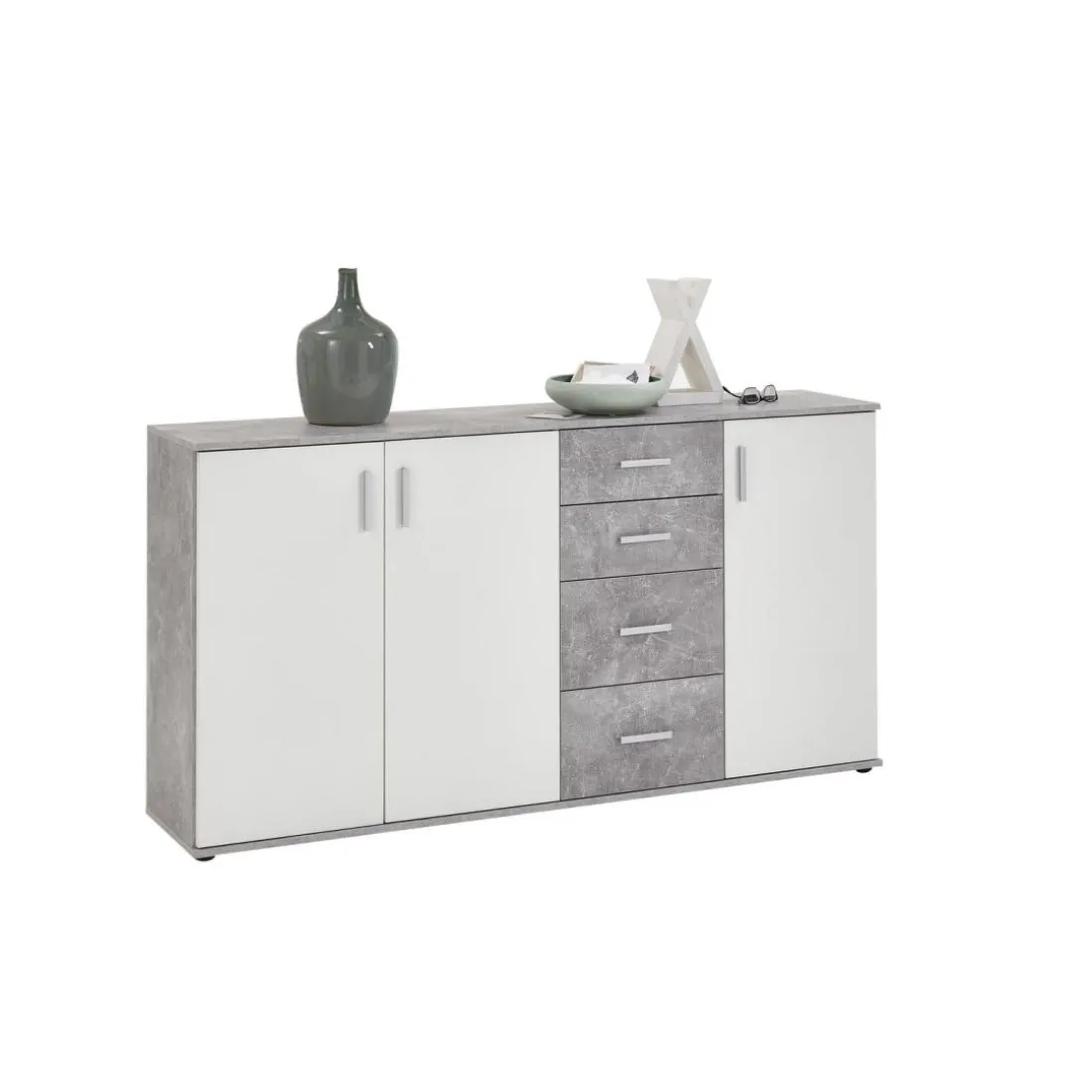 Comode 3 portes et 4 tiroirs ALBI 3 gris béton et blanc
