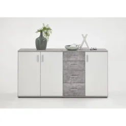 Comode 3 portes et 4 tiroirs ALBI 3 gris béton et blanc