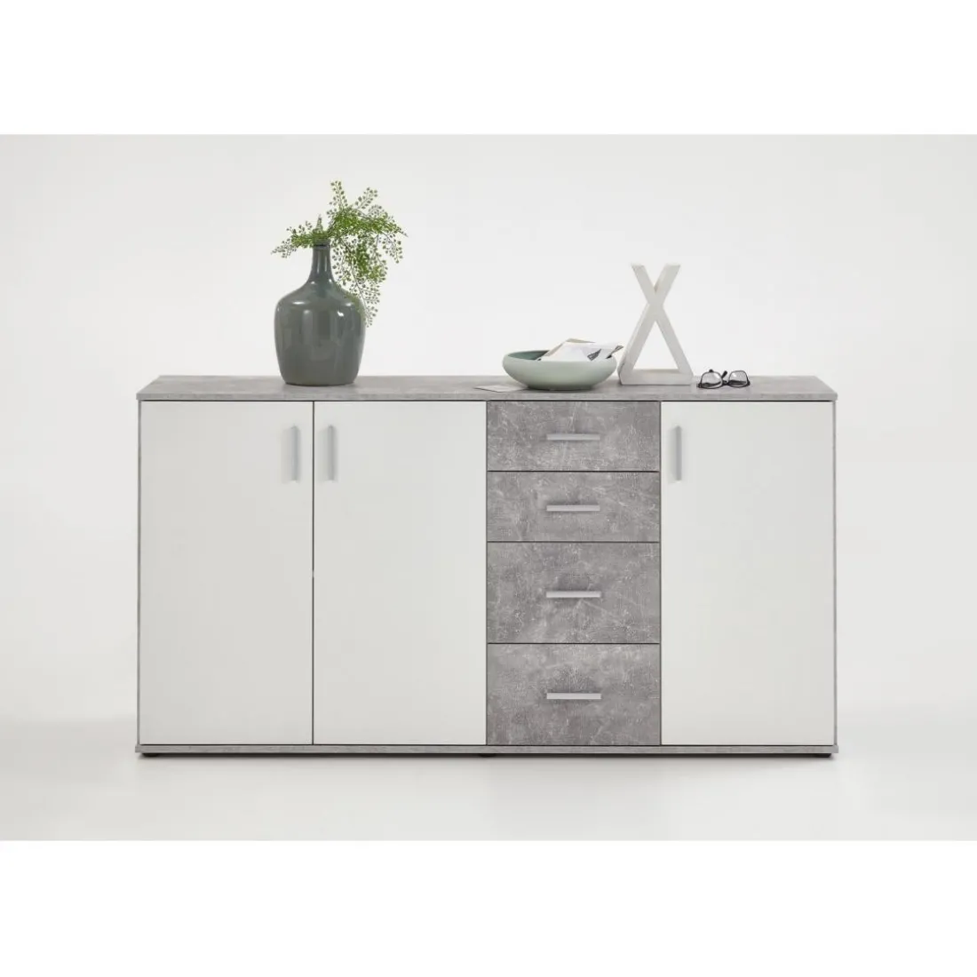 Comode 3 portes et 4 tiroirs ALBI 3 gris béton et blanc