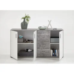 Comode 3 portes et 4 tiroirs ALBI 3 gris béton et blanc