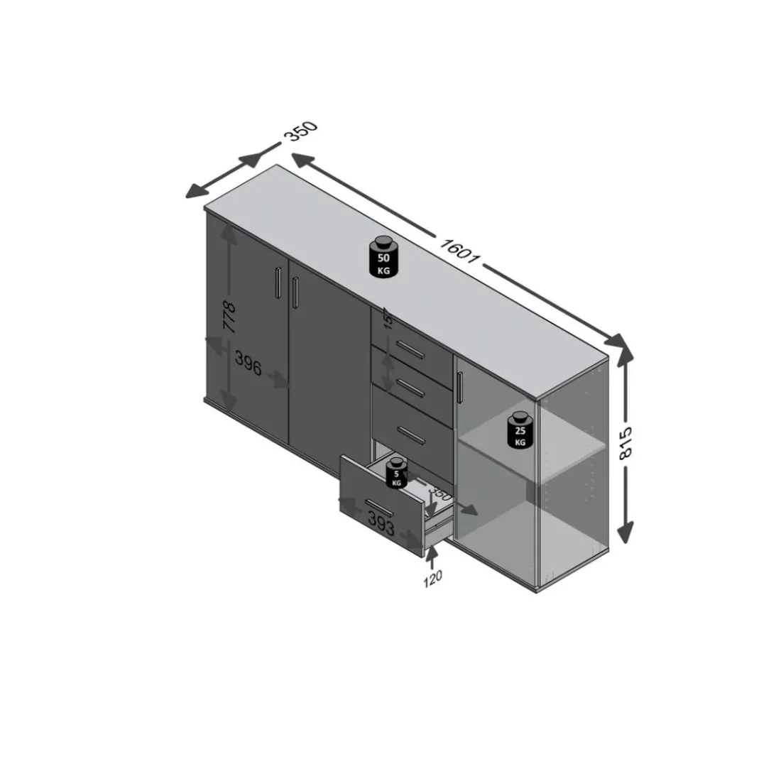 Comode 3 portes et 4 tiroirs ALBI 3 gris béton et blanc