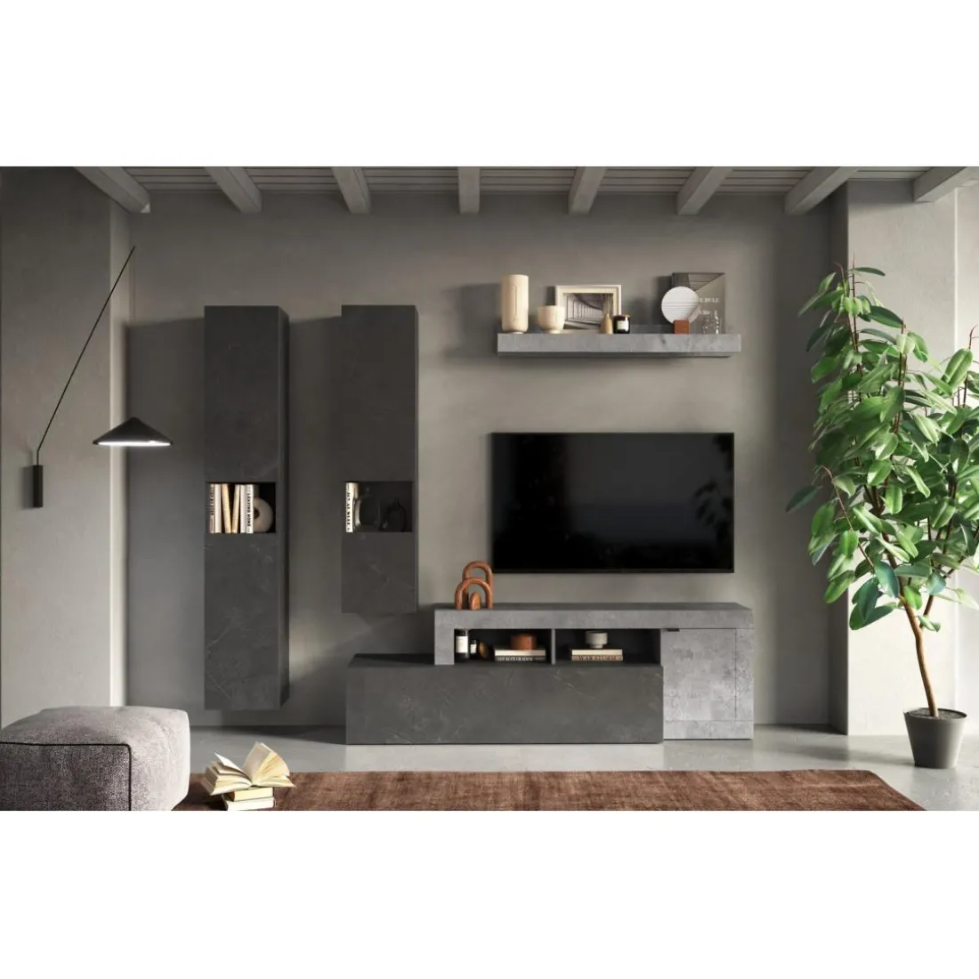 Composition murale meuble TV, étagère et buffets muraux gris beton