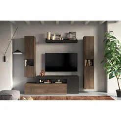 Composition murale meuble TV, étagère et buffets muraux, naturel et gris