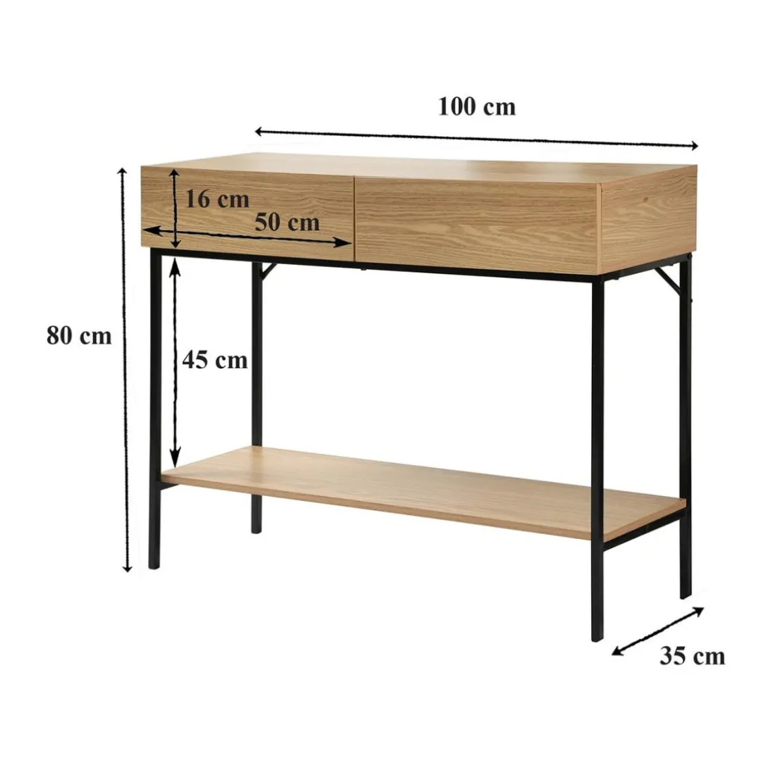 Console 2 Tiroirs 1 Tablette Décor Bois en bois Beige