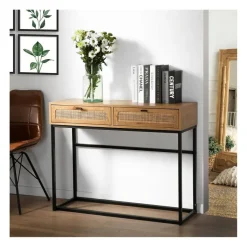 Console 2 Tiroirs avec Cannage Rotin en bois Beige