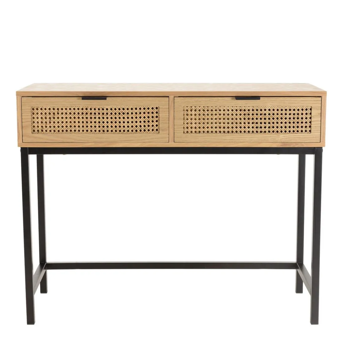 Console 2 tiroirs cannage naturel pieds métal noir MARCEAU