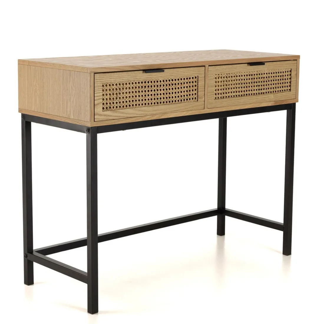 Console 2 tiroirs cannage naturel pieds métal noir MARCEAU