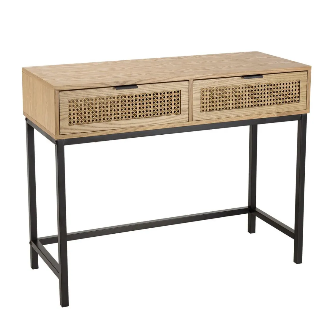 Console 2 tiroirs cannage naturel pieds métal noir MARCEAU