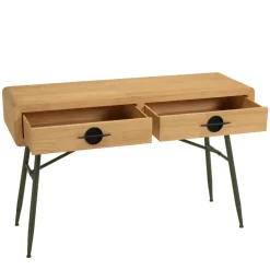 Console 2 tiroirs en pin couleur naturelle et pieds métal vert HELENA