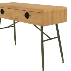 Console 2 tiroirs en pin couleur naturelle et pieds métal vert HELENA