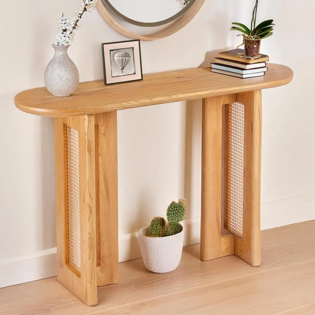 Console avec cannage Bohemia Chêne clair et Rotin
