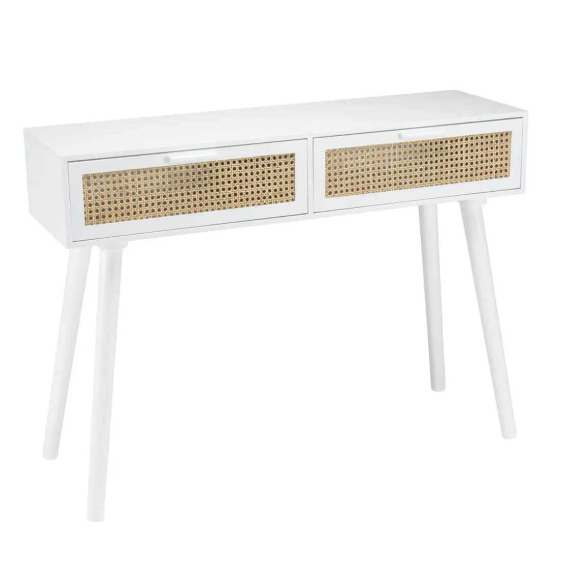 Console blanche 2 tiroirs cannage naturel