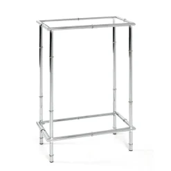 Console chromée avec plateaux en verre trempé transparent et structure en métal