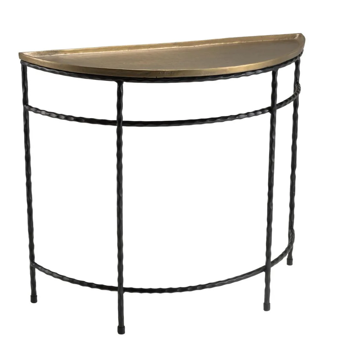 Console demi-lune 90x36cm alu doré pieds métal noirs torsadés JOHAN