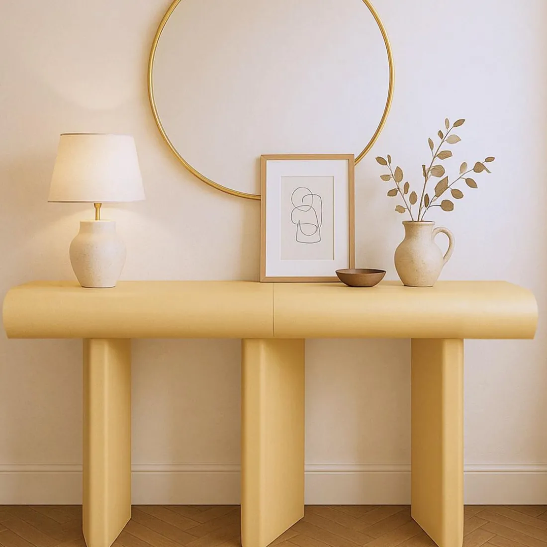 Console design 2 tiroirs avec pieds obliques Mezade Beige