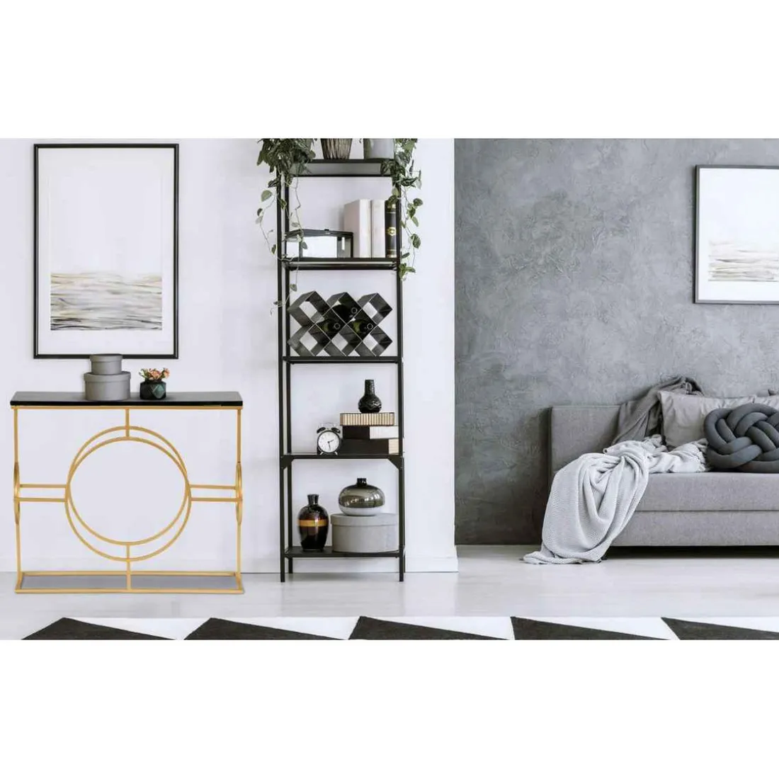 Console Design GATSBY Marbre Noir Et Métal Or