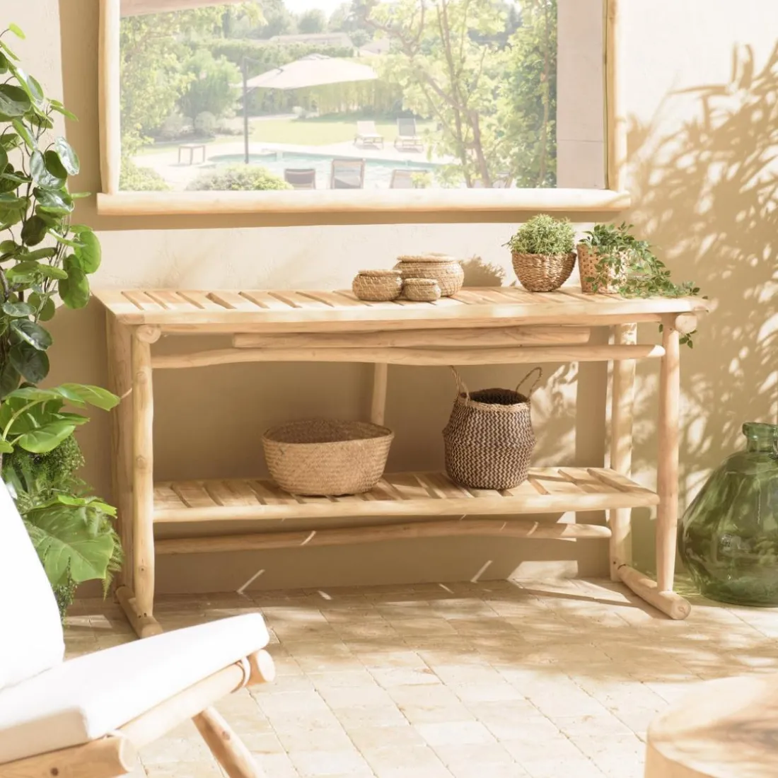 Console double plateau en branches de Teck naturel WILL Beige