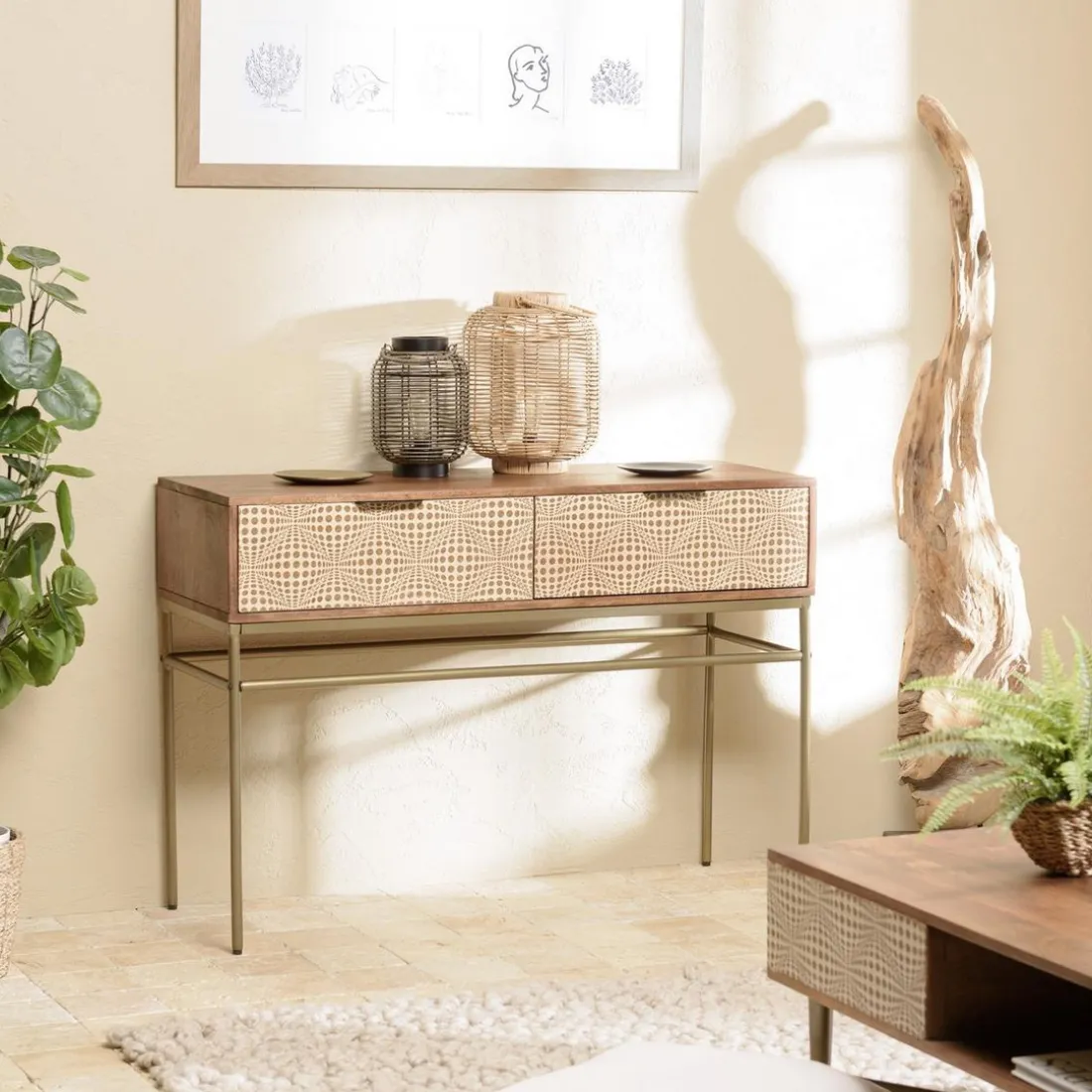Console en bois de manguier 2 tiroirs motifs ethniques ALIX