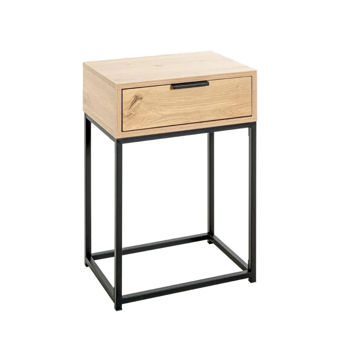 Console en métal noir avec tiroir et corps décor chêne
