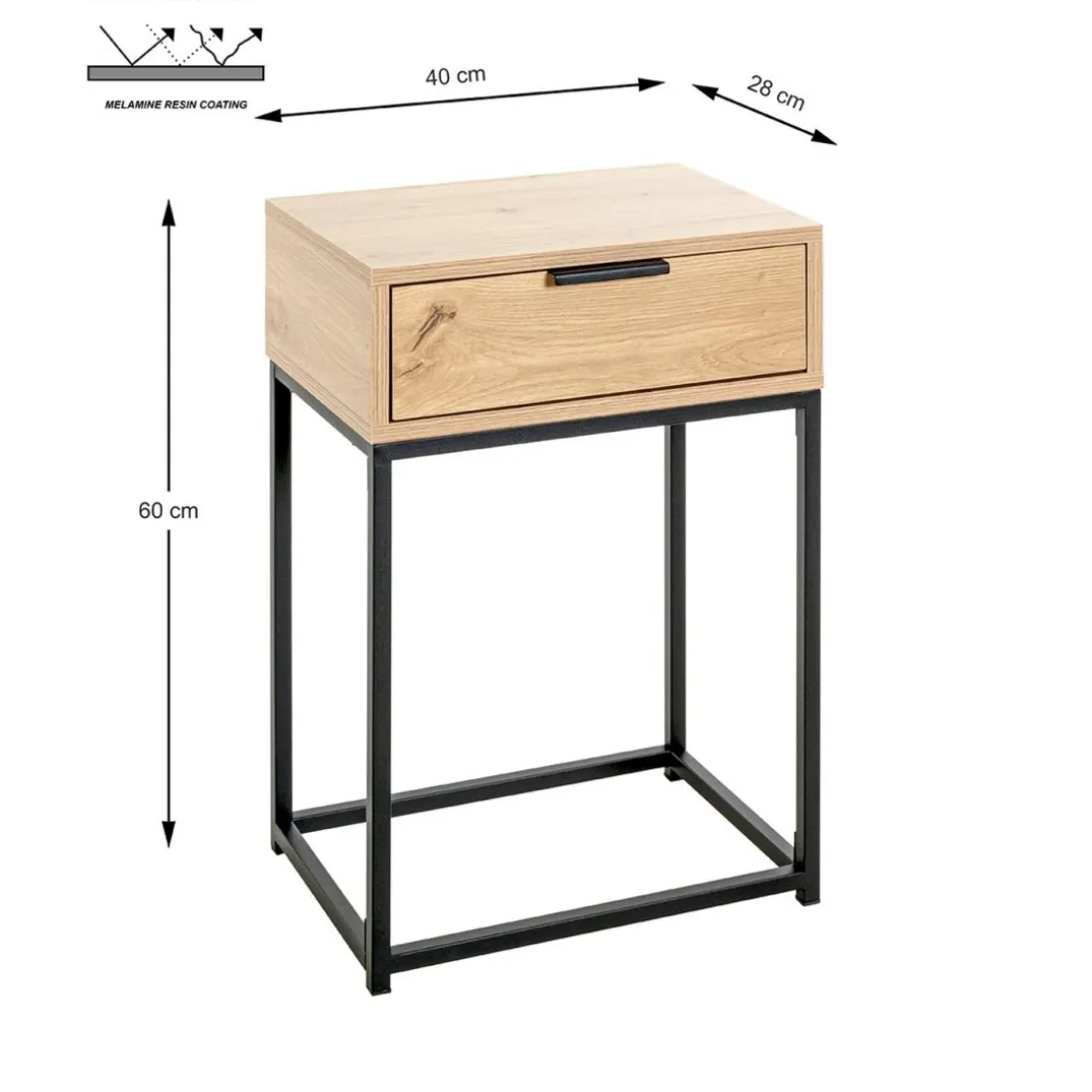 Console en métal noir avec tiroir et corps décor chêne