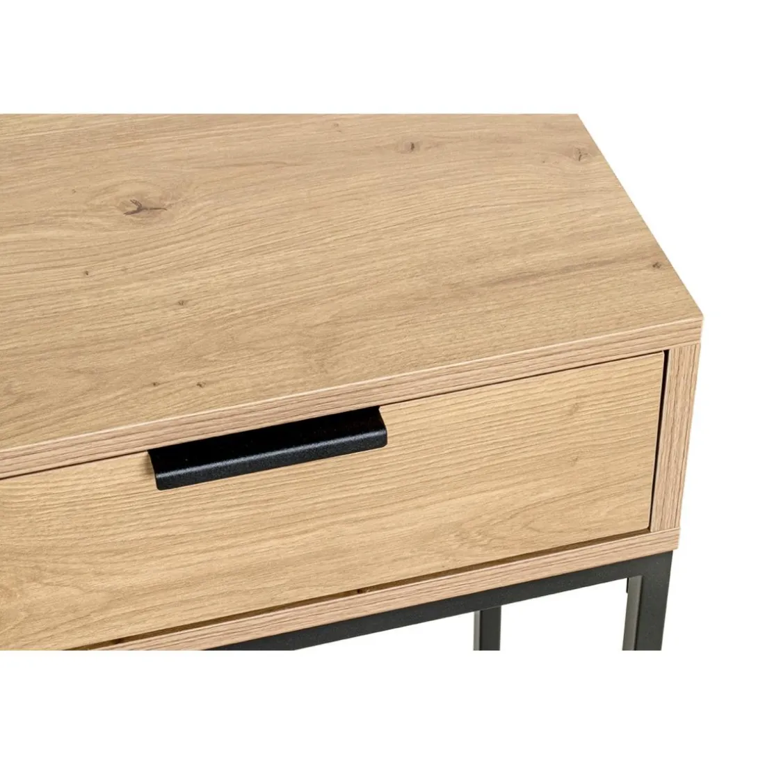 Console en métal noir avec tiroir et corps décor chêne