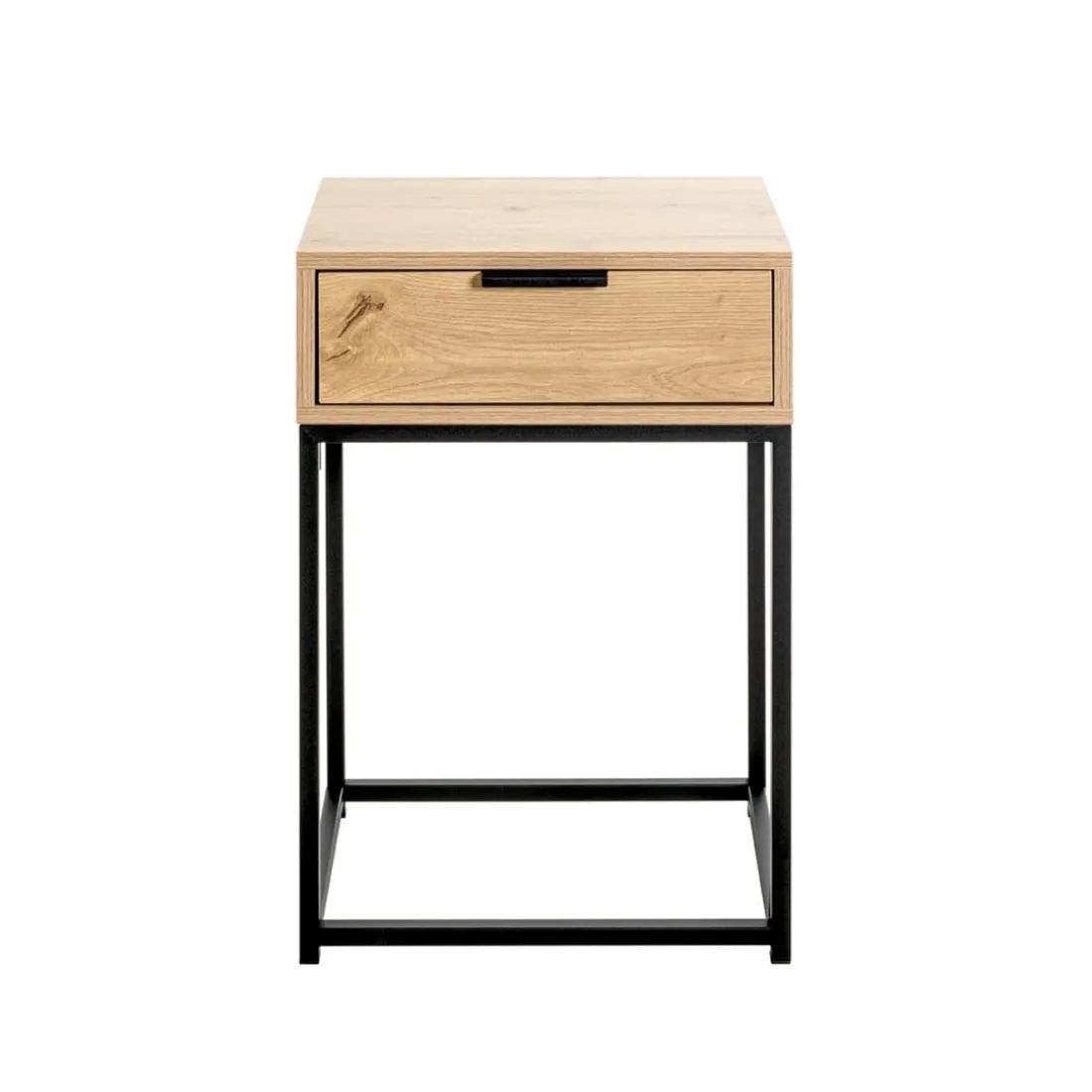Console en métal noir avec tiroir et corps décor chêne