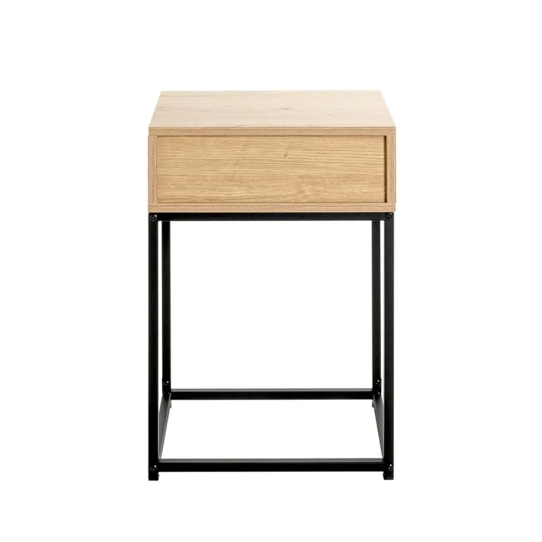 Console en métal noir avec tiroir et corps décor chêne