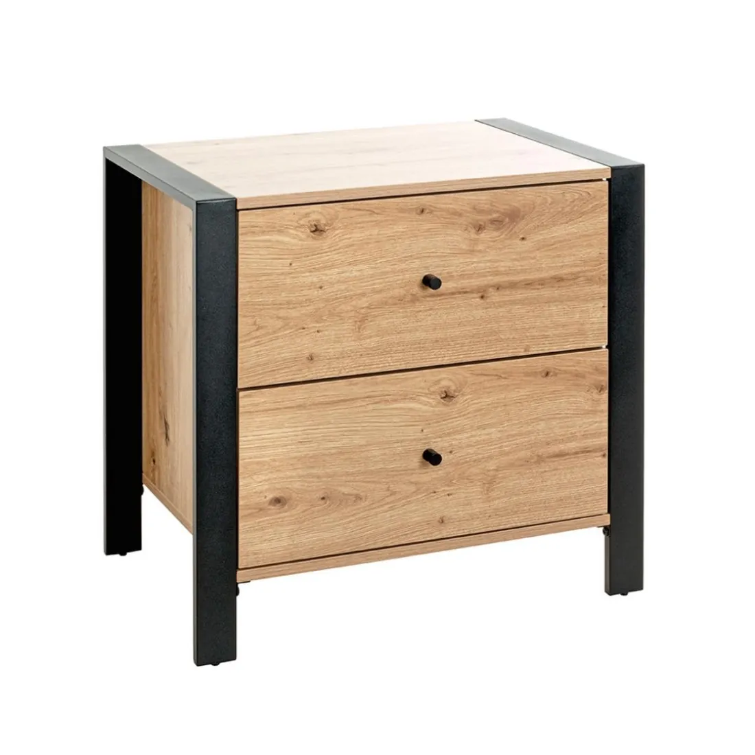 Console en métal noir avec 2 tiroirs décor chêne