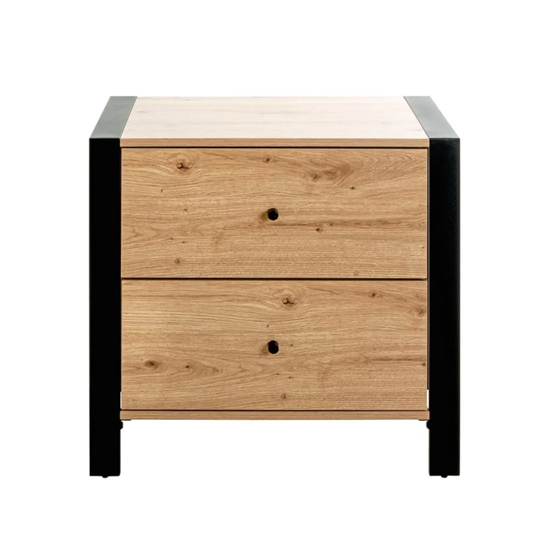 Console en métal noir avec 2 tiroirs décor chêne
