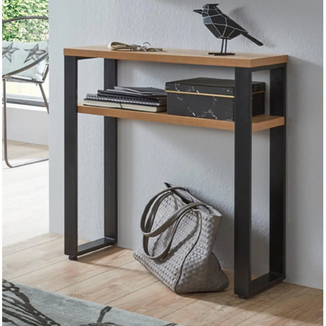 Console en métal noir et plateaux décor chêne