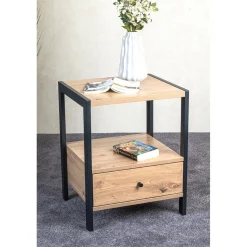 Console en métal noir étagères et tiroir décor chêne