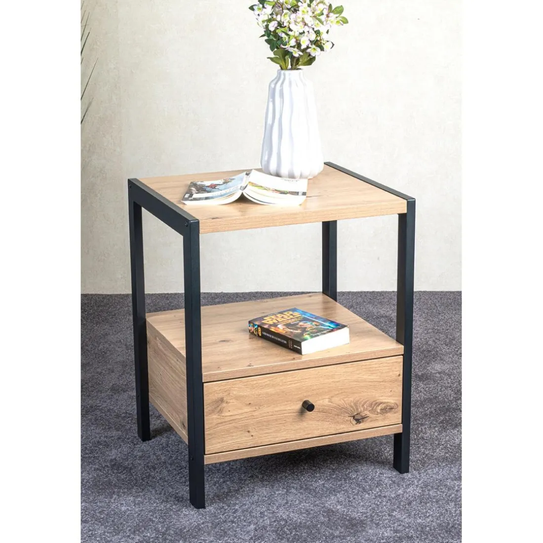 Console en métal noir étagères et tiroir décor chêne