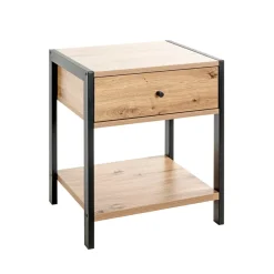 Console en métal noir étagères et tiroir décor chêne