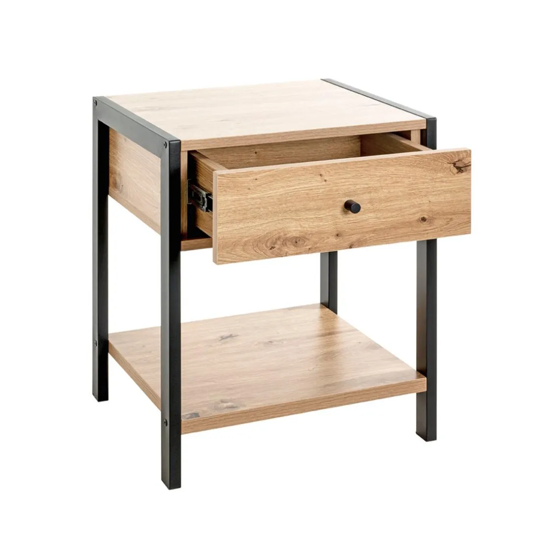 Console en métal noir étagères et tiroir décor chêne