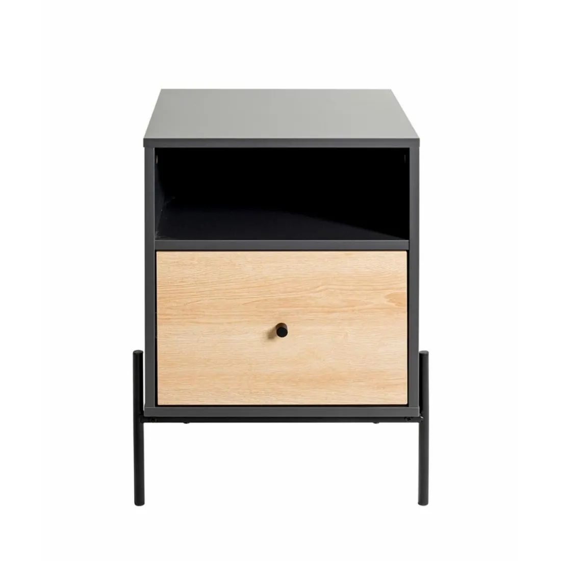 Console en tube d 'acier peint en noir par poudrage corps en MDF décor chêne naturel