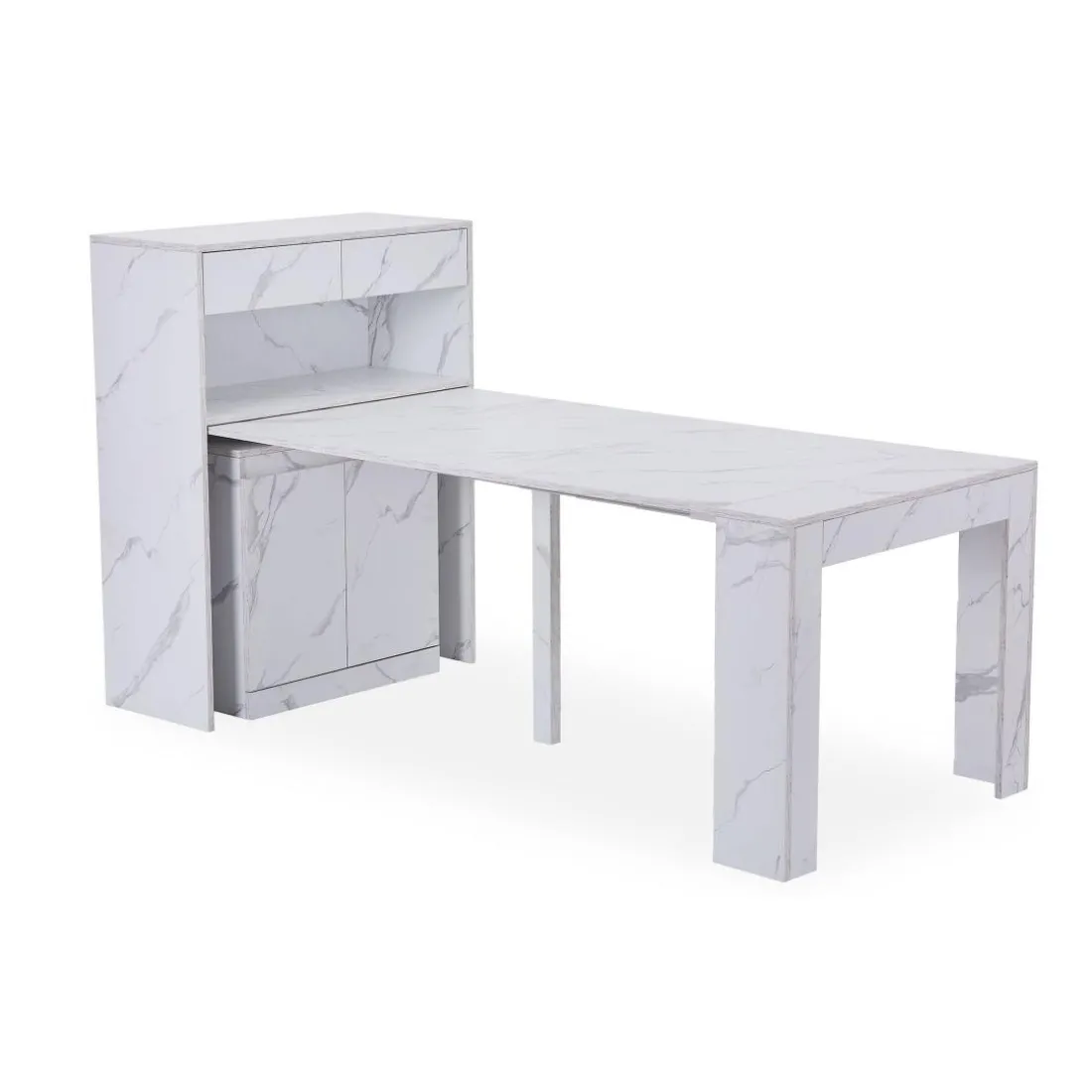 Console extensible avec rangement Fontano Effet marbre blanc