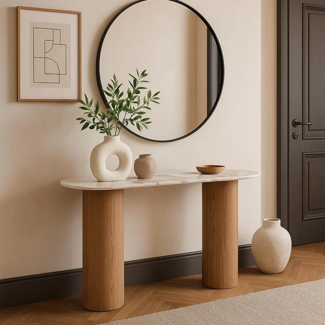 Console moderne pieds colonnes Eglantine Bois et Céramique Effet marbre Blanc