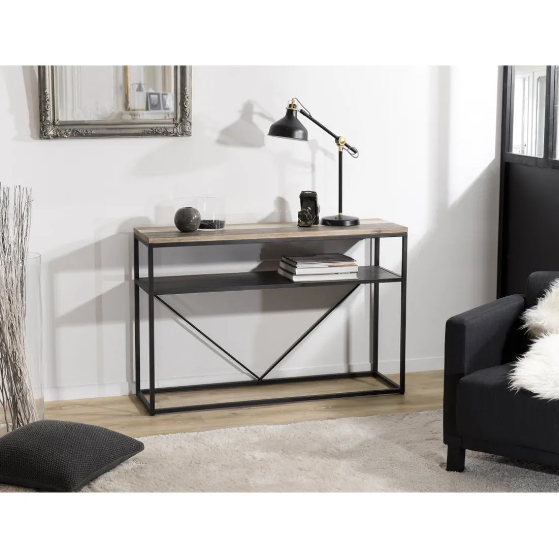 Console Teck et Acacia avec tablette bois et métal 120x80cm Takeo