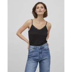 Débardeur spaghetti col rond noir en viscose