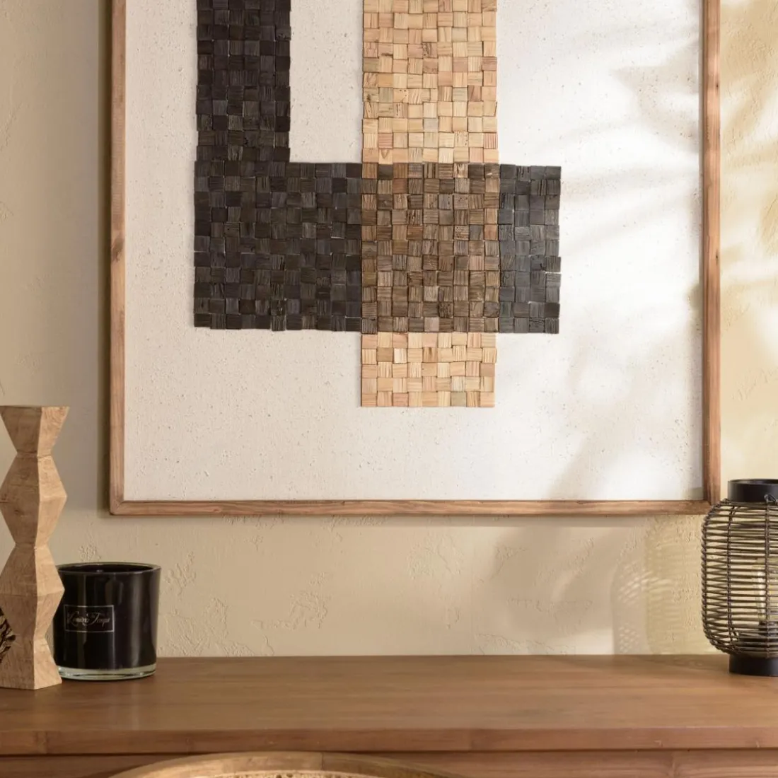 Décoration murale mosaïque en Pin recyclé SANDY beige et noir
