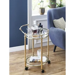 Desserte acier laitonné et plateaux en verre trempé transparent