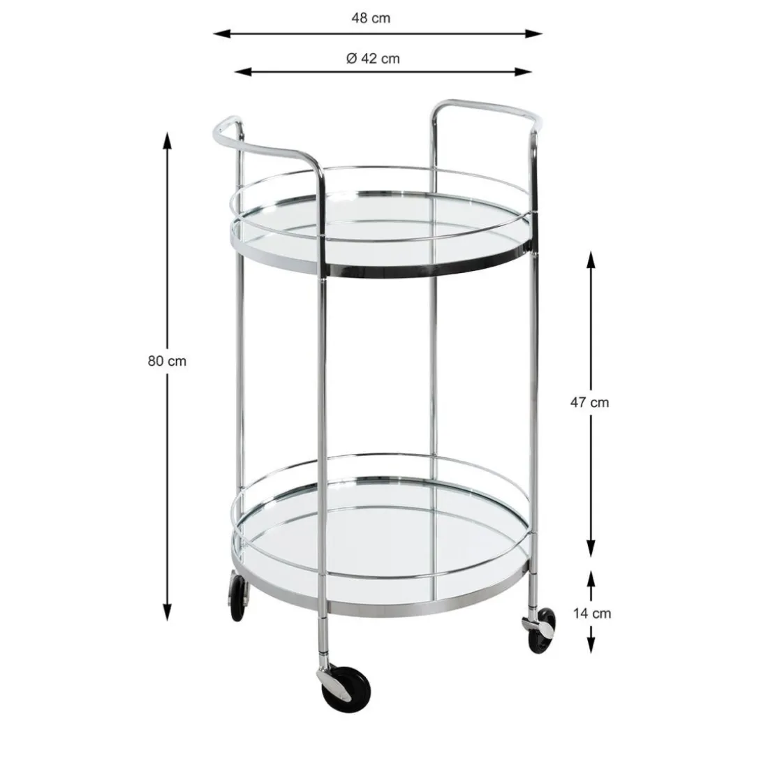 Desserte en métal chromé et tablettes en verre miroir